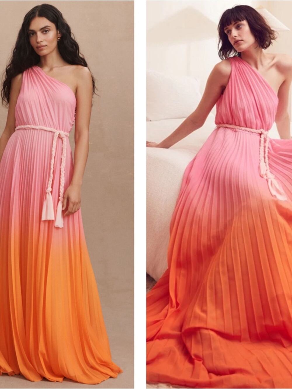 AMUR Garrett One Shoulder Pleated Ombre Belted Maxi Dress Size 2